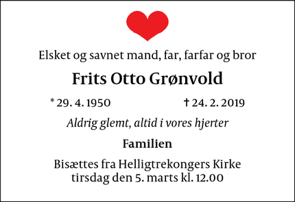 Dødsannoncen for Frits Otto Grønvold - Søborg