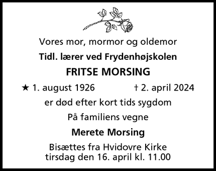Dødsannoncen for Fritse Morsing - Hvidovre