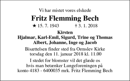 Dødsannoncen for Fritz Flemming Bech - Stavtrup