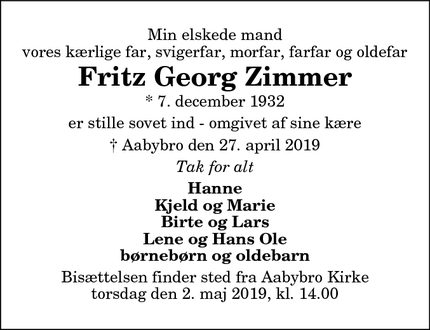 Dødsannoncen for Fritz Georg Zimmer - Aabybro