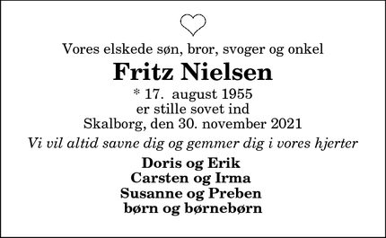 Dødsannoncen for Fritz Nielsen - Aalborg
