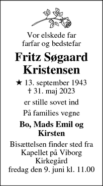 Dødsannoncen for Fritz Søgaard
Kristensen - Brabrand
