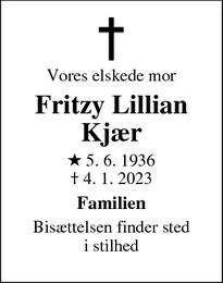 Dødsannoncen for Fritzy Lillian
Kjær - Rungsted