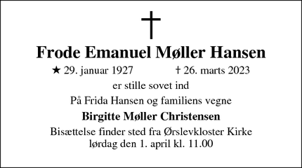 Dødsannoncen for Frode Emanuel Møller Hansen - Højslev