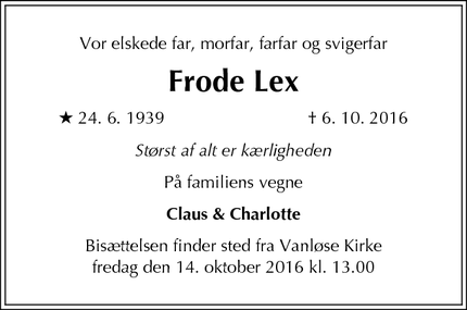 Dødsannoncen for Frode Lex - Herlev