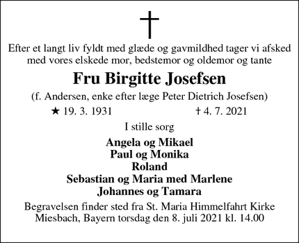 Dødsannoncen for Fru Birgitte Josefsen - Miesbach, Bayern, Tyskland