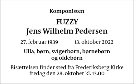 Dødsannoncen for FUZZY
Jens Wilhelm Pedersen - Frederiksberg