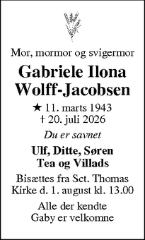 Dødsannoncen for Gabriele Ilona
Wolff-Jacobsen - Frederiksberg
