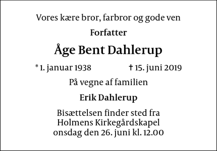 Dødsannoncen for Åge Bent Dahlerup - København