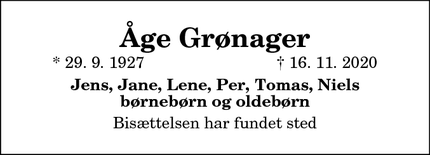 Dødsannoncen for Åge Grønager - Ranum