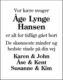 Dødsannoncen for Åge Lynge Hansen - Varde