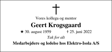 Dødsannoncen for Geert Krogsgaard - Skanderborg