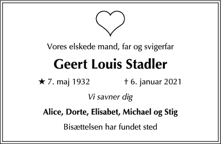 Dødsannoncen for Geert Louis Stadler - København