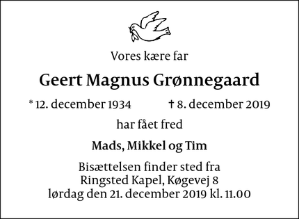 Dødsannoncen for Geert Magnus Grønnegaard - Ringsted