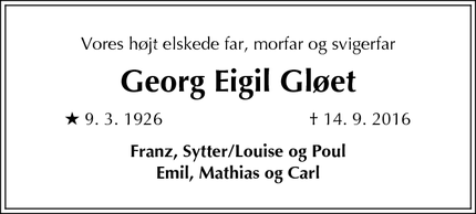 Dødsannoncen for Georg Eigil Gløet - Charlottenlund