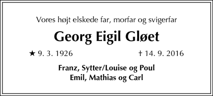 Dødsannoncen for Georg Eigil Gløet - Charlottenlund