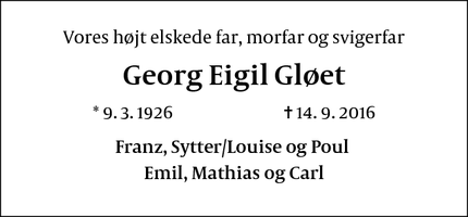 Dødsannoncen for Georg Eigil Gløet - Charlottenlund