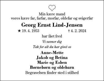 Dødsannoncen for Georg Ernst Lind-Jensen - Herning