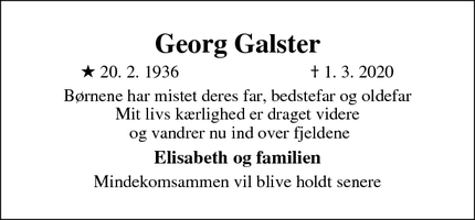 Dødsannoncen for Georg Galster - Frederiksberg