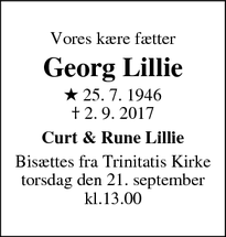 Dødsannoncen for Georg Lillie - Fredericia