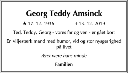 Dødsannoncen for Georg Teddy Amsinck - Gentofte