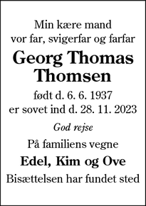 Dødsannoncen for Georg Thomas
Thomsen - Broager