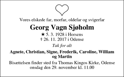 Dødsannoncen for Georg Vagn Sjøholm - Odense