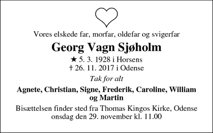 Dødsannoncen for Georg Vagn Sjøholm - Odense