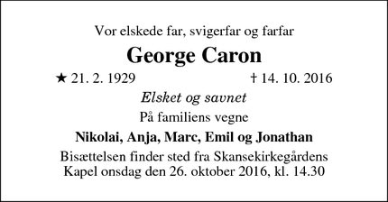 Dødsannoncen for George Caron - Hillerød