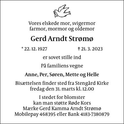 Dødsannoncen for Gerd Arndt Strømø - Gilleleje