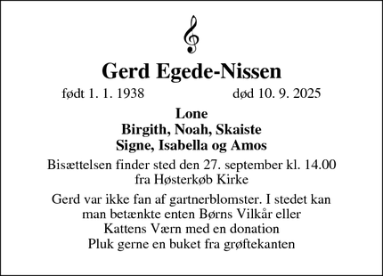 Dødsannoncen for Gerd Egede-Nissen - Tisvildeleje