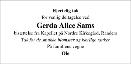 Taksigelsen for Gerda Alice Sams - Randers Nø