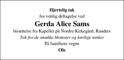 Taksigelsen for Gerda Alice Sams - Randers Nø