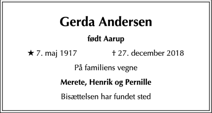 Dødsannoncen for Gerda Andersen - Helsinge