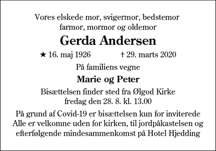 Dødsannoncen for Gerda Andersen - Ølgod