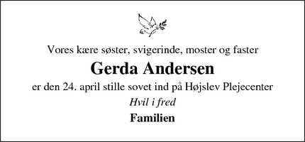 Dødsannoncen for Gerda Andersen - Nibe