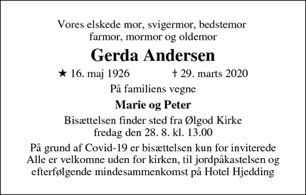 Dødsannoncen for Gerda Andersen - Ølgod