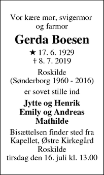 Dødsannoncen for Gerda Boesen - Roskilde
