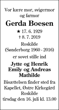 Dødsannoncen for Gerda Boesen - Roskilde