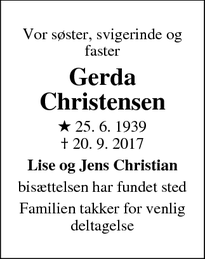 Dødsannoncen for Gerda Christensen - Holbøl