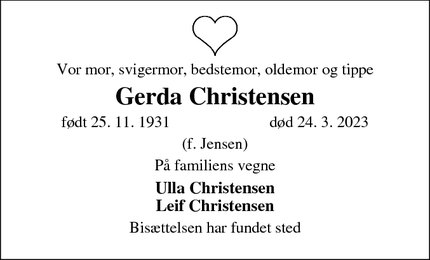 Dødsannoncen for Gerda Christensen - Kgs.Lyngby