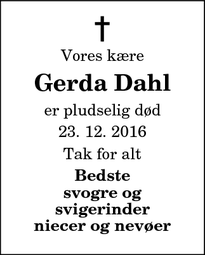 Dødsannoncen for Gerda Dahl - Østerild
