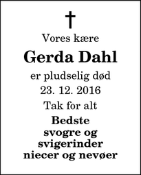 Dødsannoncen for Gerda Dahl - Østerild