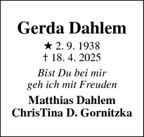 Dødsannoncen for Gerda Dahlem - Rønne