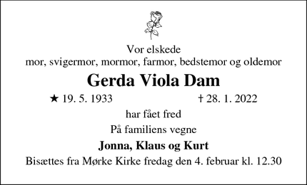 Dødsannoncen for Gerda Viola Dam - Tidligere Mørke