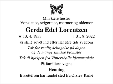Dødsannoncen for Gerda Edel Lorentzen - Vordingborg