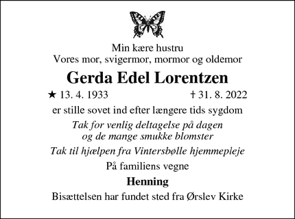 Dødsannoncen for Gerda Edel Lorentzen - Vordingborg