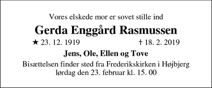 Dødsannoncen for Gerda Enggård Rasmussen - Aarhus