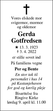 Dødsannoncen for Gerda
Gotfredsen - Vejle