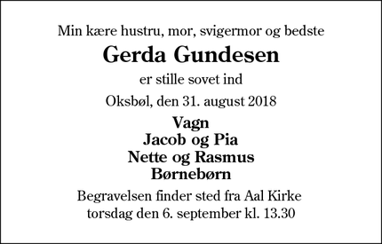 Dødsannoncen for Gerda Gundesen  - Oksbøl